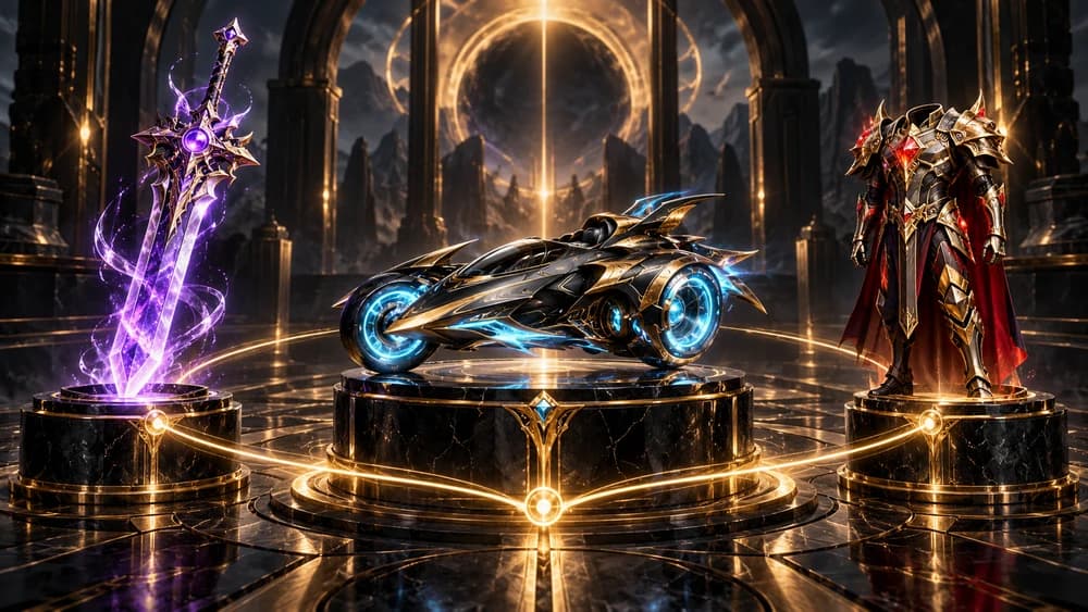 Digital weapons, armor and a collectible vehicle in a golden exchange exhibition