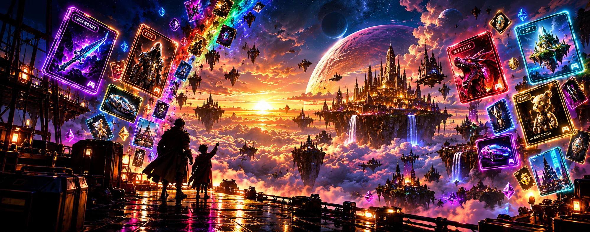A golden horizon over floating kingdoms, a colossal planet, and colorful panels of imagined digital treasures